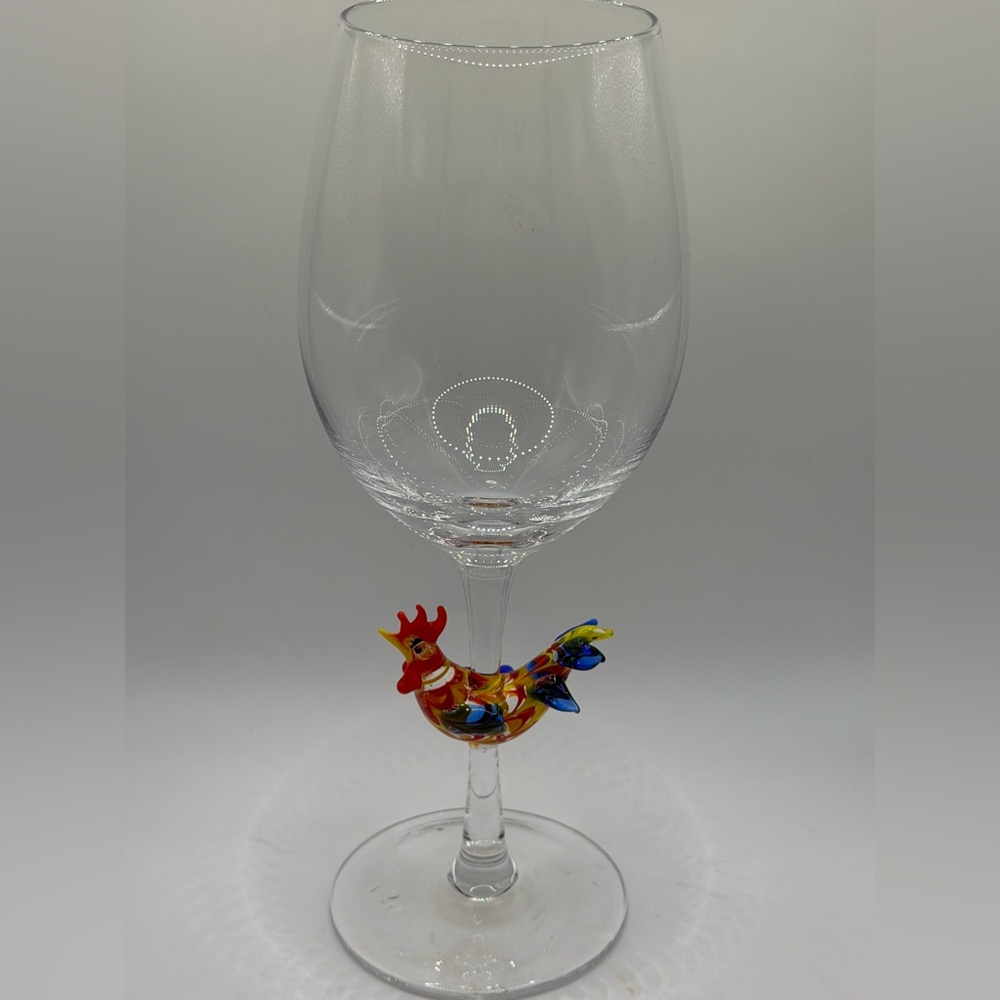 Hand-Blown Wine Glass with Colorful Rooster Charm Murano Style Art Stem Goblet